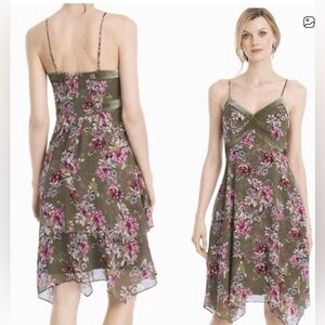 White House Black Market olive green / pink  Floral Dress sz 10